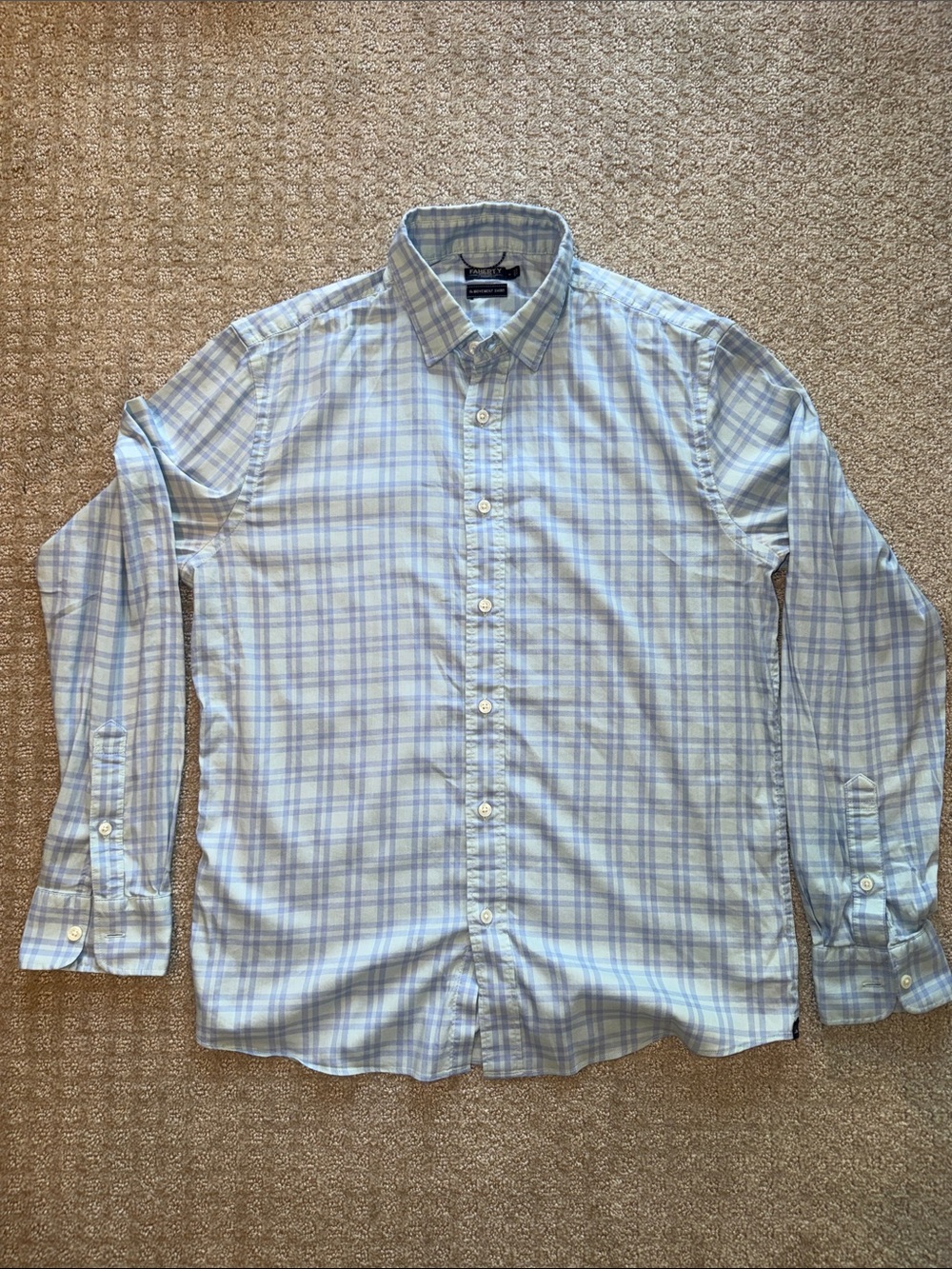 Faherty Light Blue and White Plaid Button-Down Shirt
